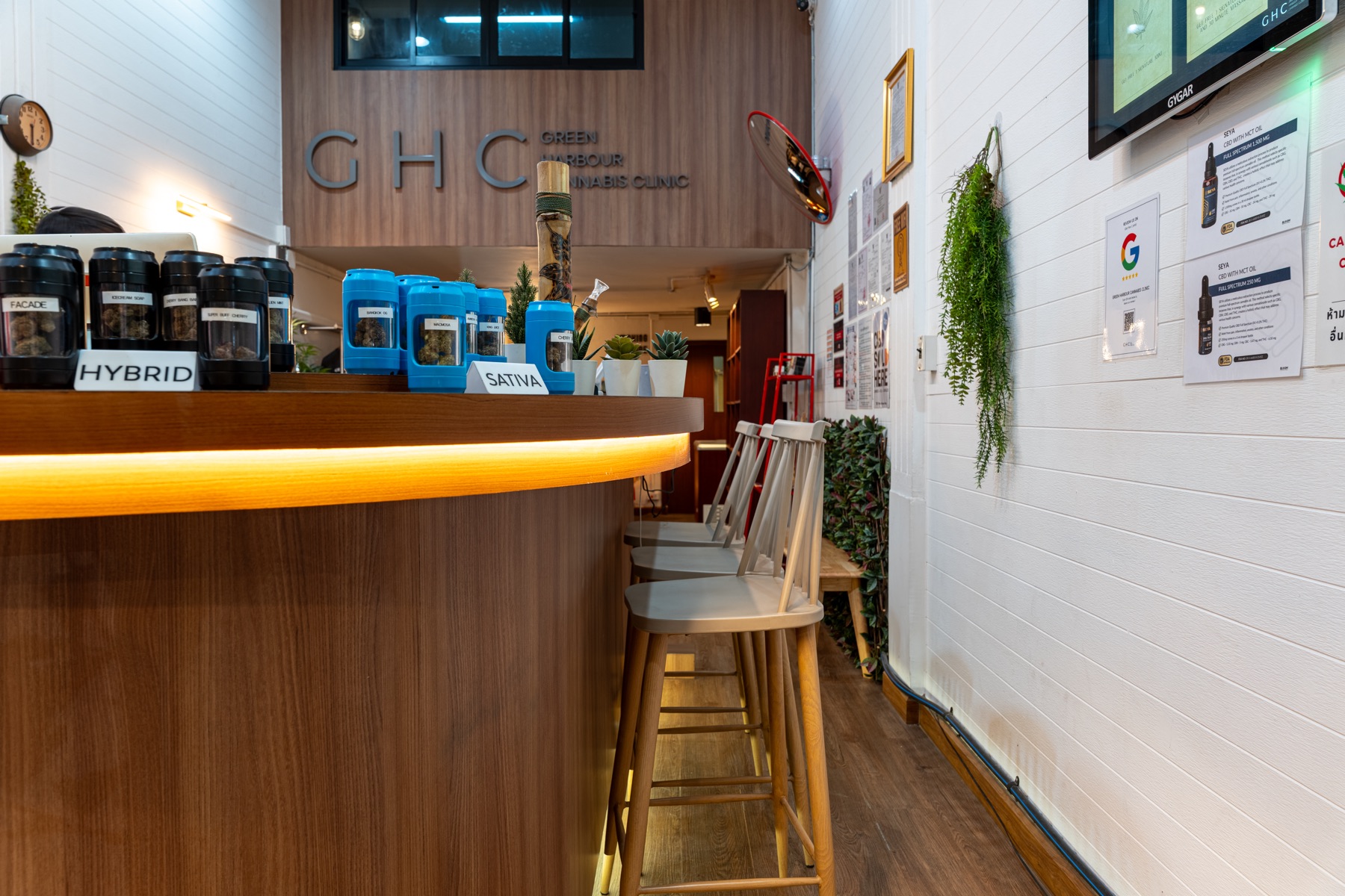 GHC Green Harbour Cannabis Clinic counter and wood shelving